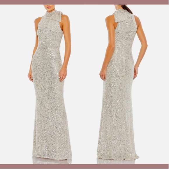 NEW $398 IEENA Mac Duggal [ 0 ] Sequin Bow Halter Neck‎ Column Gown Silver - Picture 15 of 15
